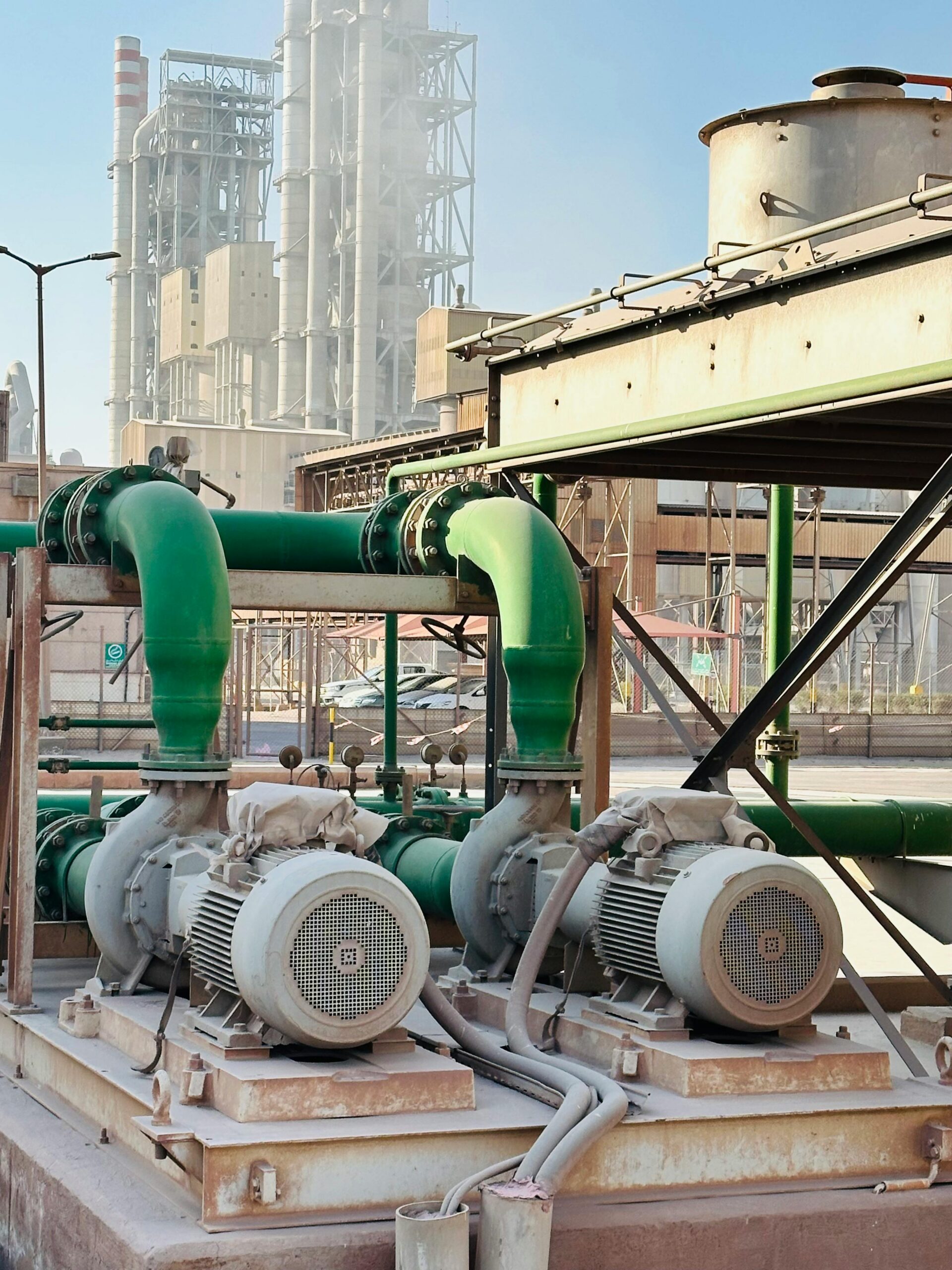 Outdoor scene of industrial machinery with distinct green pipes at a large factory.